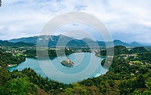 Aerial view of the Mala Osojnica in the middle of Lake Bled in Slovenia