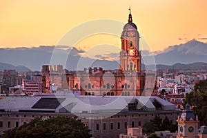 Aerial View of Malaga Cathedral in the Evening, Malaga, Andalusia, Spain photo