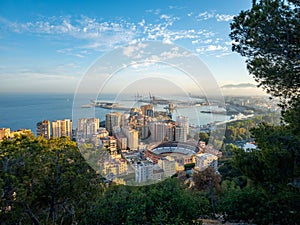 Aerial view of Malaga Port and the rodeo seen from mount Gibralfaro in Spain