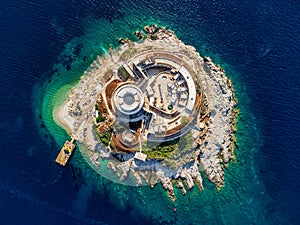 Aerial view of Mamula fortress on a rocky island in Montenegro