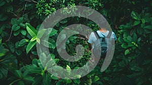 An aerial view of a man hiking through a lush forest on a personalized wellness journey to reconnect with nature