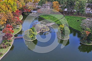 Aerial view of man made island in autumn