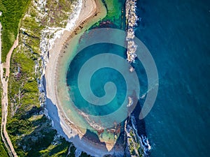 Aerial view of the Man O\'War Beach at the Jurrasic Coast of Dorset