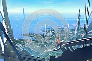 Aerial view with the man sitting on edge of building looking at futuristic city photo