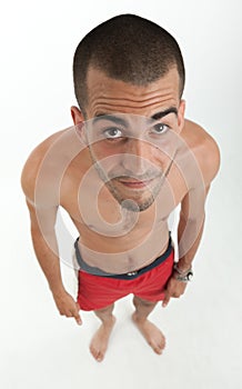 Aerial view of a man in swimming trunks