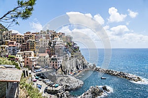 Aerial view of Manarola in Cinque Terre, beautiful town above the sea