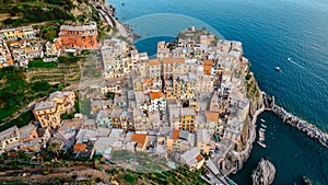 Aerial view of Manarola,Cinque Terre,Italy.UNESCO Heritage Site.Picturesque colorful village on rock above sea.Summer holiday,