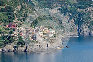Aerial view of Manarola from far away. Beautiful Town in 5 Terre