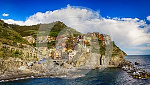 Aerial view of Manarola. Five Lands from the sky, Italy