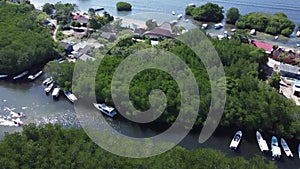 Aerial view of the mangrove forest on Junggut Batu, Nusa Lembongan. There are several fisherman's houses around there.