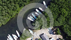 Aerial view of the mangrove forest on Junggut Batu, Nusa Lembongan. There are several fisherman's houses around there.