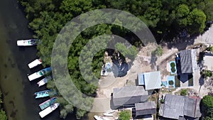 Aerial view of the mangrove forest on Junggut Batu, Nusa Lembongan. There are several fisherman`s houses around there. White sand