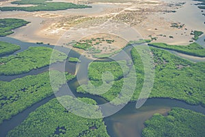 Aerial view of mangrove forest in the  Saloum Delta National Park, Joal Fadiout, Senegal. Photo made by drone from above. Africa photo