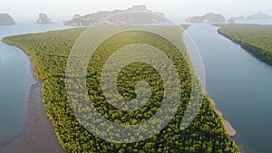 Aerial view mangrove forest on a tropical island ocean, rivers, mountains in Thailand