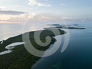 Aerial View of Mangrove Islands and Sunset in Caribbean