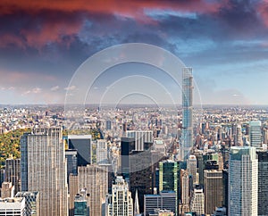 Aerial view of Manhattan from city rooftop, Central Park on back