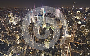 Aerial view of Manhattan cityscape at a hazy night, New York City, USA