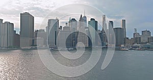 An aerial view of the Manhattan downtown skyline on the Hudson River in midtown New York