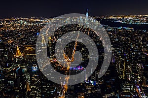 Aerial View of Manhattan and Jersey City. Famous New York City Skyline. at Night