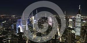 Aerial view of Manhattan skyline at night, New York City