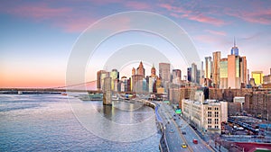 Aerial view of Manhattan skyline at sunset, New York City