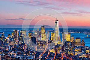 Aerial view of Manhattan skyline at sunset, New York City