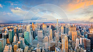 Aerial view of Manhattan skyline at sunset, New York City