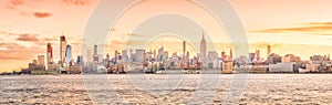 Aerial view of Manhattan skyline at sunset, New York City