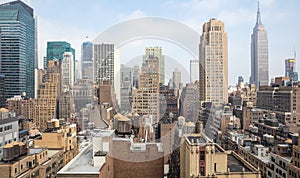 Aerial view of Manhattan skyscrapers, New York city, cloudy spring day