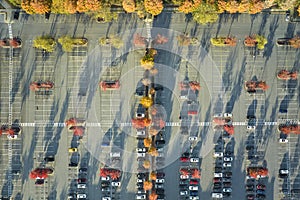 Aerial view of many colorful cars parked on parking lot with lines and markings for parking places and directions. Place