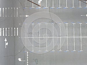 Aerial view of many empty parking spaces with markings summer day . Top view