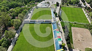 Aerial view of many football fields. Empty soccer fields.