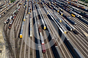 Aerial View of Many Train Cars on Tracks