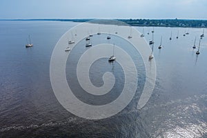 Aerial view of many yachts boats in the harbor