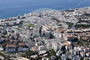 Aerial view of Marbella with its soccer field and bull ring. photo