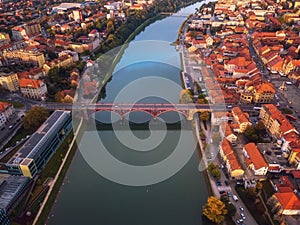Aerial view of Maribor city in Slovenia on the banks of Drava river. Scenic landscape