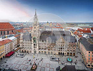 Aerial view of Marienplatz Square and New Town Hall Neues Rathaus at sunset - Munich, Bavaria, Germany