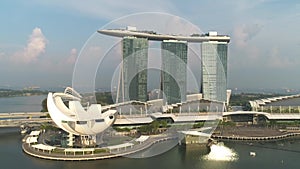 Aerial view of Marina Bay Sands Singapore. Shot. Aerial view of Singapore City Skyline with Marina Bay Sands