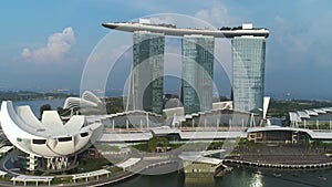 Aerial view of Marina Bay Sands Singapore. Shot. Aerial view of Singapore City Skyline with Marina Bay Sands