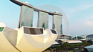 Aerial view of Marina Bay Sands Singapore. Shot. Aerial view of Singapore City Skyline with Marina Bay Sands