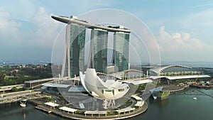 Aerial view of Marina Bay Sands Singapore. Shot. Aerial view of Singapore City Skyline with Marina Bay Sands