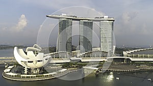 Aerial view of Marina Bay Sands Singapore. Shot. Aerial view of Singapore City Skyline with Marina Bay Sands