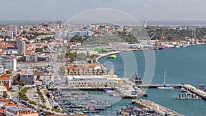 Aerial view of marina and city center timelapse in Setubal, Portugal. photo