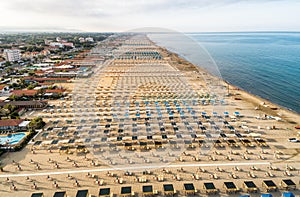 Aerial view of the Marina di Pietrasanta beach in the early morning, Italy