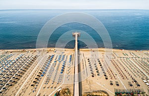 Aerial view of the Marina di Pietrasanta beach in the early morning, Tuscany