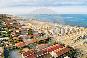 Aerial view of the Marina di Pietrasanta beach in the early morning, Tuscany, Italy