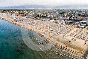 Aerial view of the Marina di Pietrasanta beach in the early morning, Tuscany, Italy