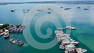 Aerial view of the marina docks with boats moored there