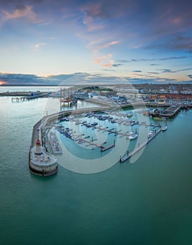 Aerial view of the Marina and Harbour at sunset. Ramsgate, Kent, England