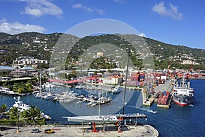 Aerial view of Marina and shipping dock near Crown Bay, St. Thomas, US Virgin Islands